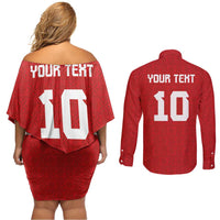 Custom Tonga Rugby Couples Matching Off Shoulder Short Dress and Long Sleeve Button Shirt Ngatu Motifs and Pacific Patterns