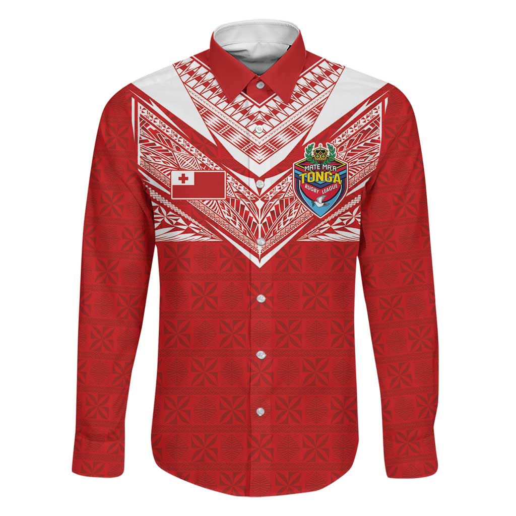 Custom Tonga Rugby Family Matching Tank Maxi Dress and Hawaiian Shirt Ngatu Motifs and Pacific Patterns LT03 Dad's Shirt - Long Sleeve Red - Polynesian Pride
