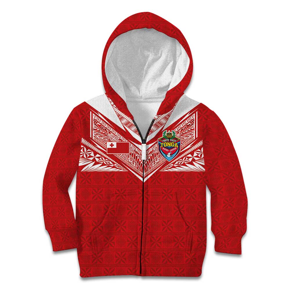 Custom Tonga Rugby Kid Hoodie Ngatu Motifs and Pacific Patterns LT03 Zip Hoodie Red - Polynesian Pride