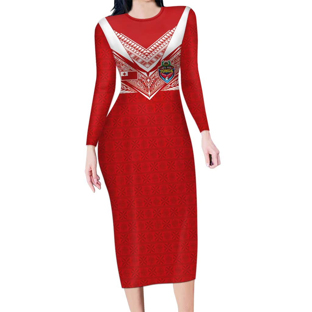 Custom Tonga Rugby Long Sleeve Bodycon Dress Ngatu Motifs and Pacific Patterns