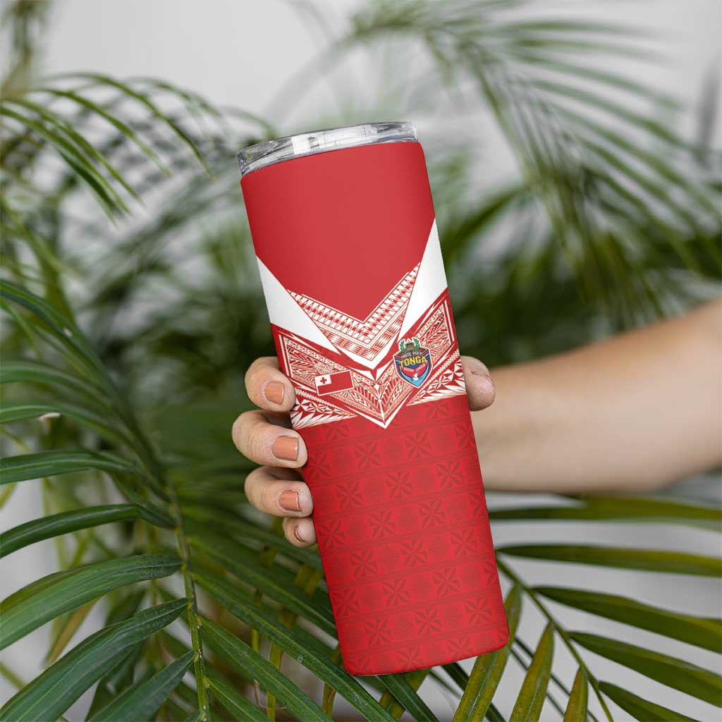 Custom Tonga Rugby Skinny Tumbler Ngatu Motifs and Pacific Patterns