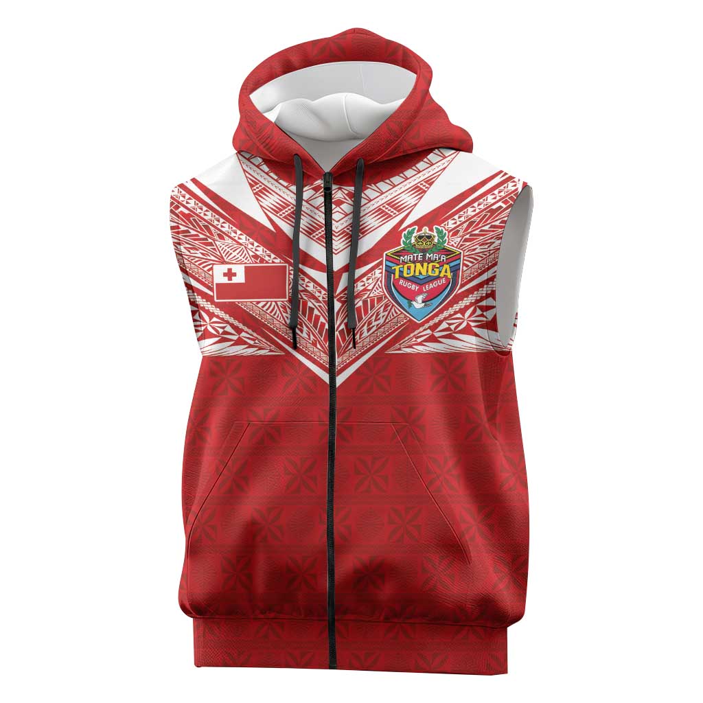 Custom Tonga Rugby Sleeveless Zip Hoodie Ngatu Motifs and Pacific Patterns