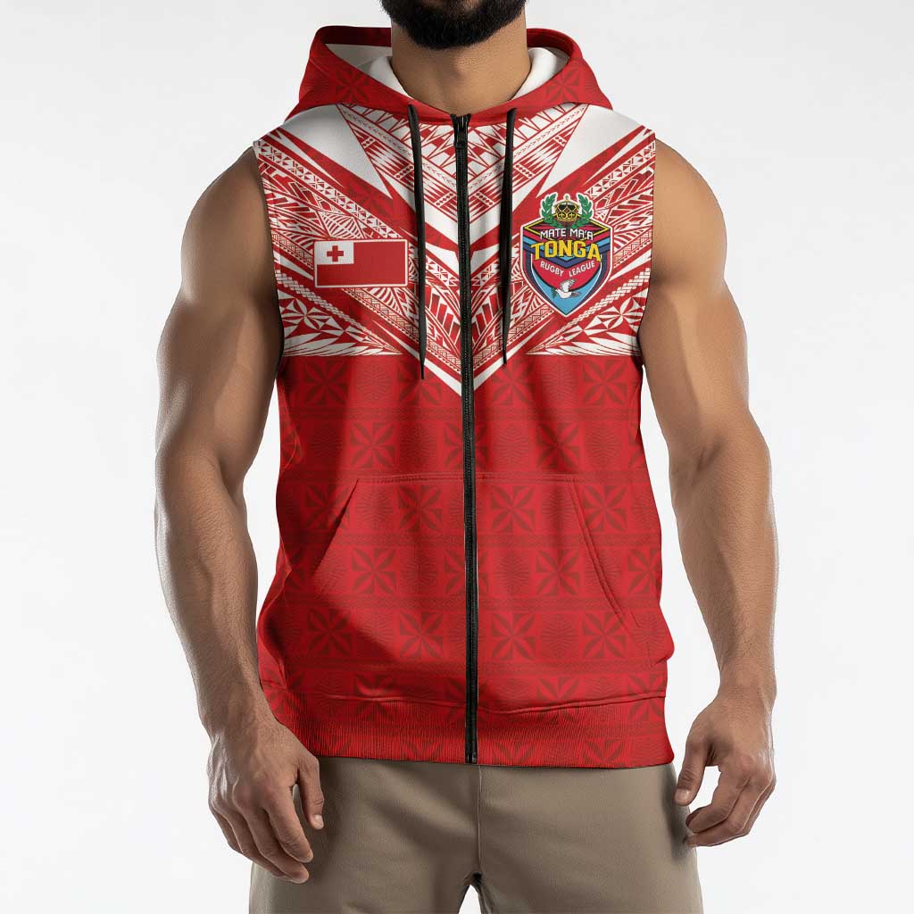 Custom Tonga Rugby Sleeveless Zip Hoodie Ngatu Motifs and Pacific Patterns