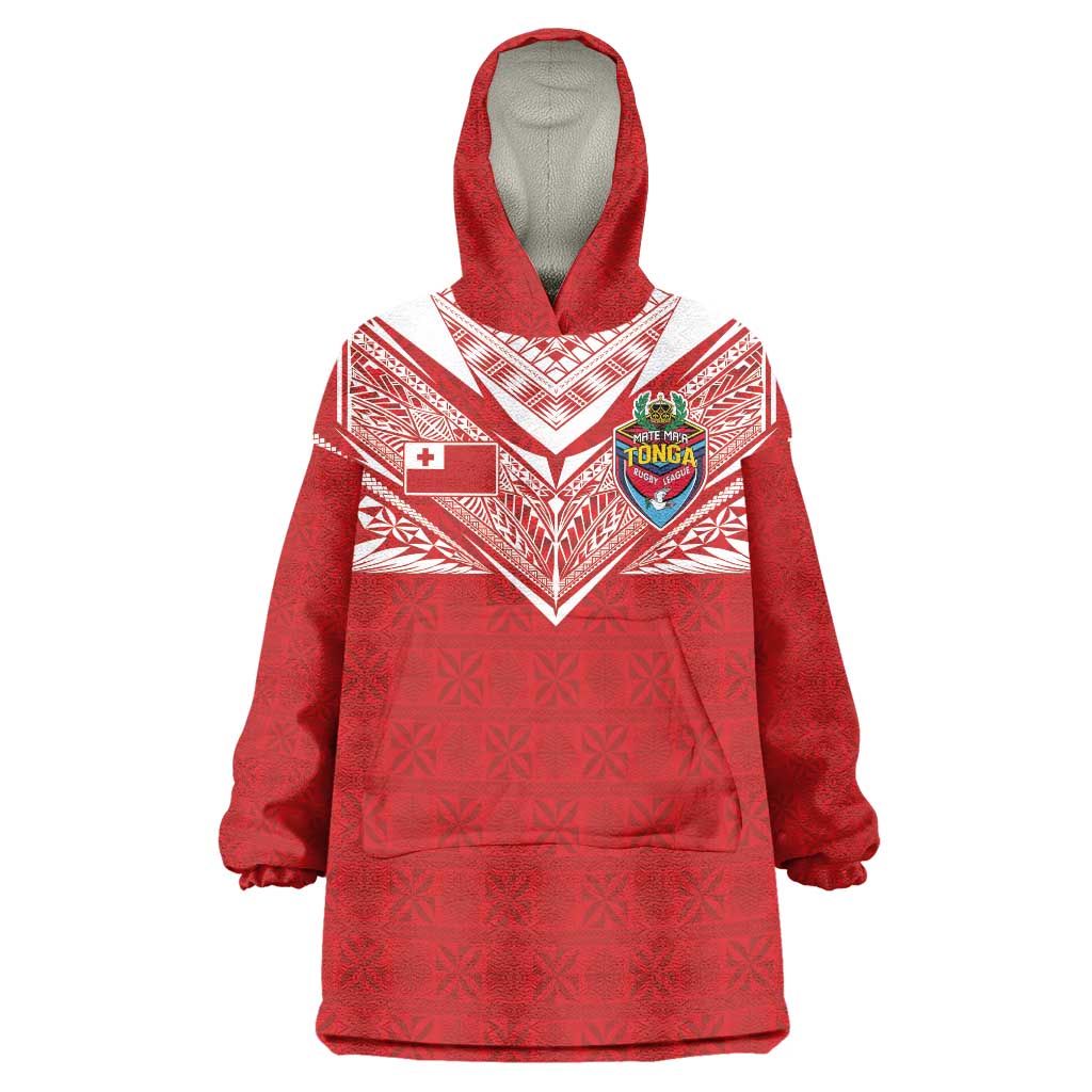 Custom Tonga Rugby Wearable Blanket Hoodie Ngatu Motifs and Pacific Patterns