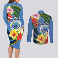 Micronesia Constitution Day Couples Matching Long Sleeve Bodycon Dress and Long Sleeve Button Shirt Hibiscus and Tapa Tribal Pattern LT03 - Polynesian Pride