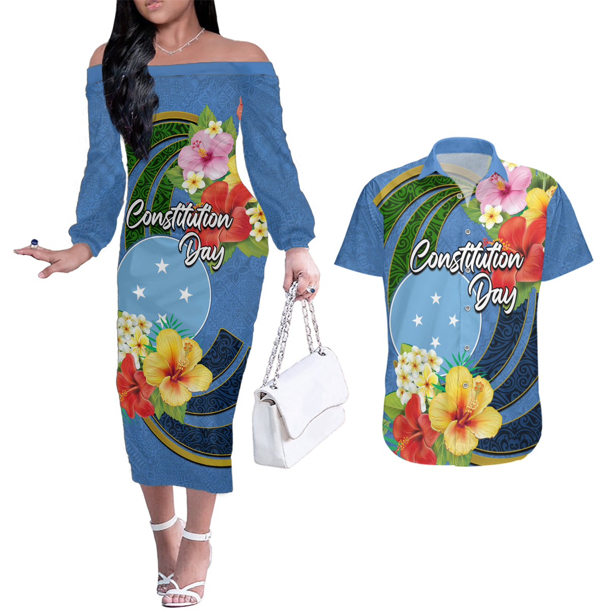Micronesia Constitution Day Couples Matching Off The Shoulder Long Sleeve Dress and Hawaiian Shirt Hibiscus and Tapa Tribal Pattern LT03 Blue - Polynesian Pride