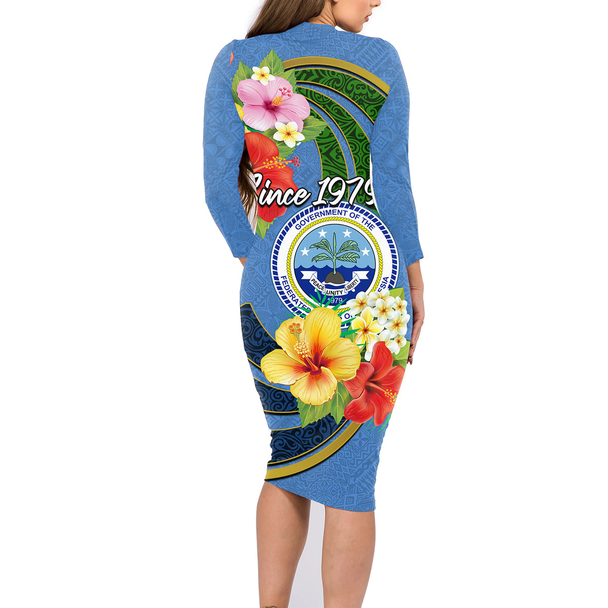 Micronesia Constitution Day Family Matching Long Sleeve Bodycon Dress and Hawaiian Shirt Hibiscus and Tapa Tribal Pattern LT03 - Polynesian Pride