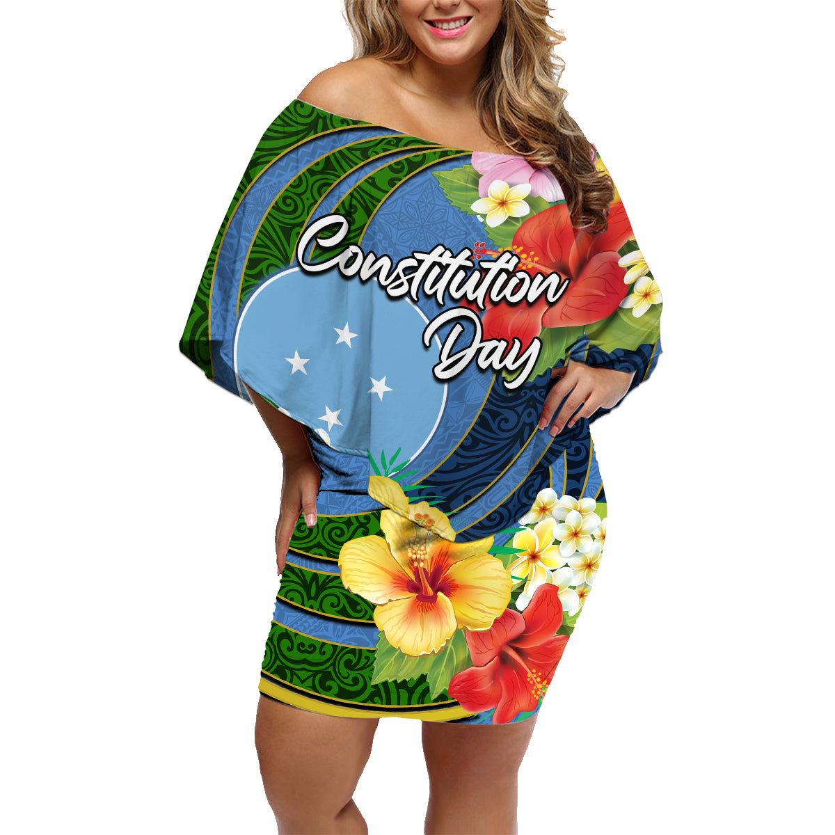 Micronesia Constitution Day Family Matching Off Shoulder Short Dress and Hawaiian Shirt Hibiscus and Tapa Tribal Pattern LT03 Mom's Dress Blue - Polynesian Pride