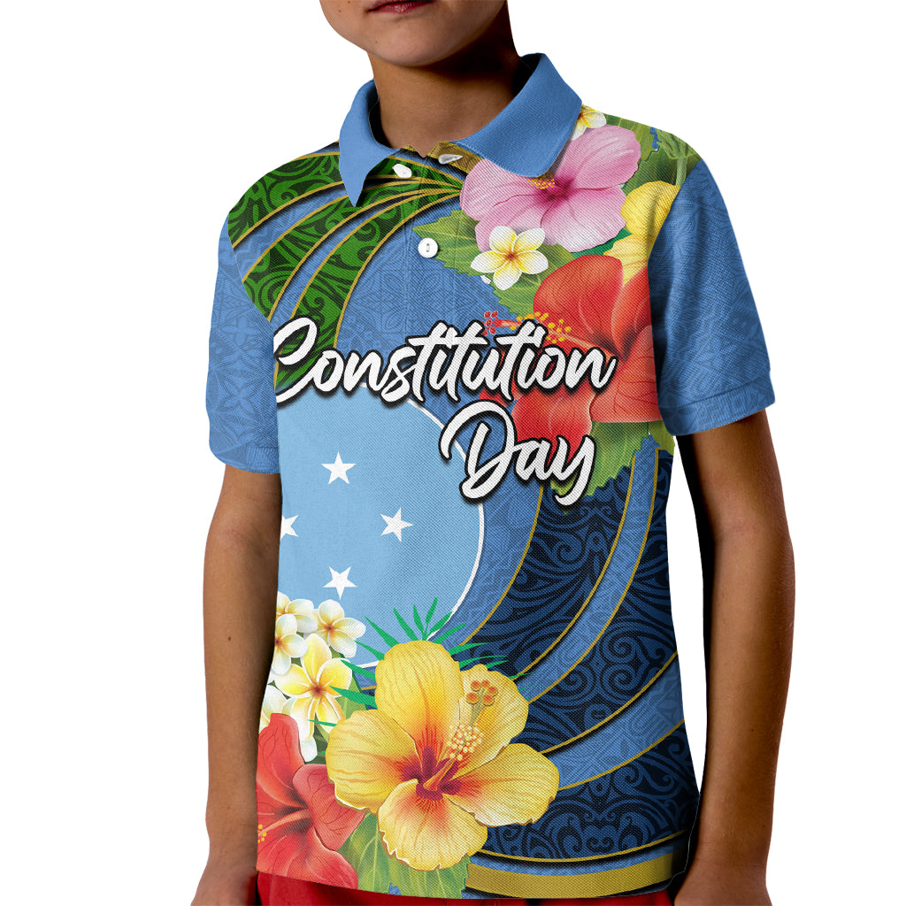 Micronesia Constitution Day Kid Polo Shirt Hibiscus and Tapa Tribal Pattern LT03 Kid Blue - Polynesian Pride