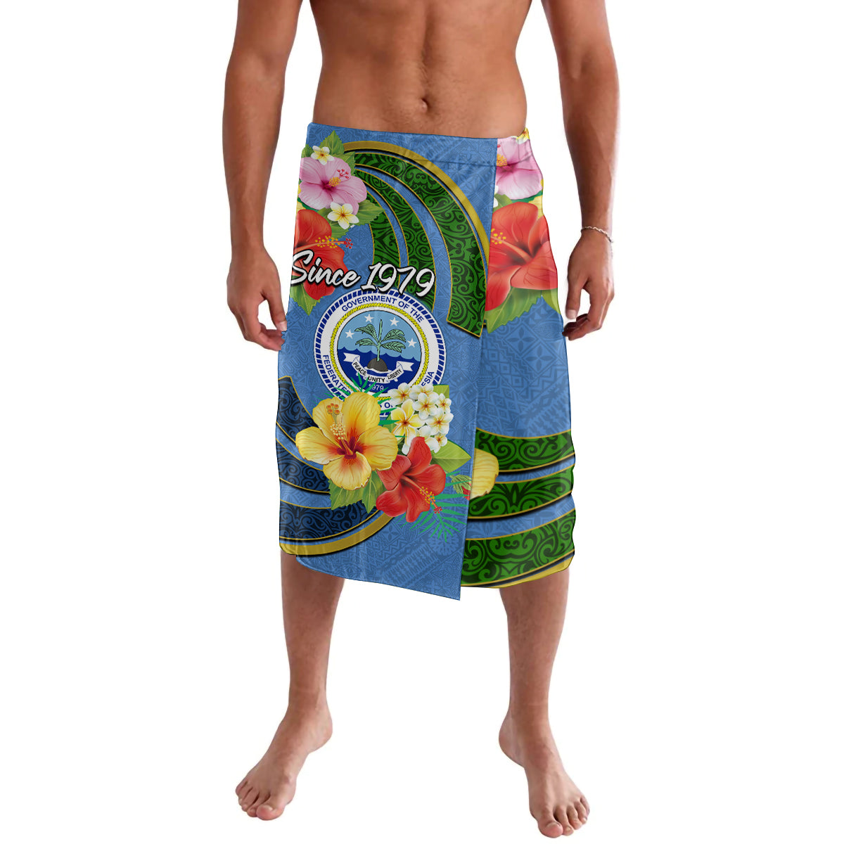 Micronesia Constitution Day Lavalava Hibiscus and Tapa Tribal Pattern LT03 Blue - Polynesian Pride