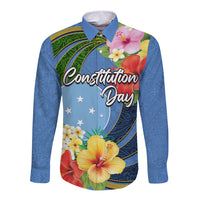Micronesia Constitution Day Long Sleeve Button Shirt Hibiscus and Tapa Tribal Pattern LT03 Unisex Blue - Polynesian Pride