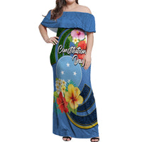 Micronesia Constitution Day Off Shoulder Maxi Dress Hibiscus and Tapa Tribal Pattern LT03 Women Blue - Polynesian Pride