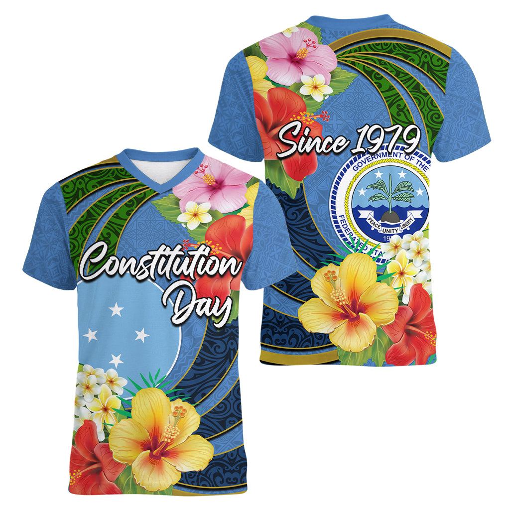 Micronesia Constitution Day Women V Neck T Shirt Hibiscus and Tapa Tribal Pattern LT03 - Polynesian Pride