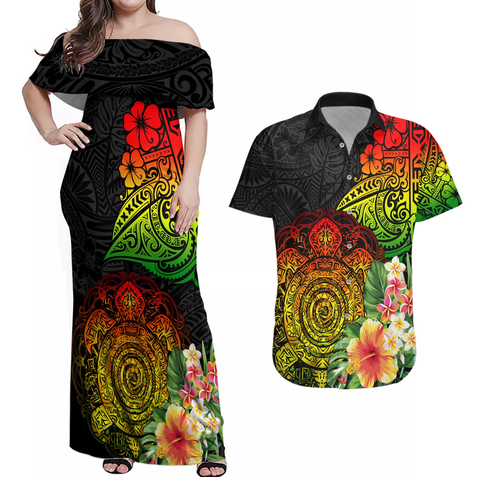 Polynesia Victory Day Couples Matching Off Shoulder Maxi Dress and Hawaiian Shirt Tribal Turtle and Hibiscus LT03 Reggae - Polynesian Pride