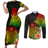 Polynesia Victory Day Couples Matching Short Sleeve Bodycon Dress and Long Sleeve Button Shirt Tribal Turtle and Hibiscus LT03 Reggae - Polynesian Pride