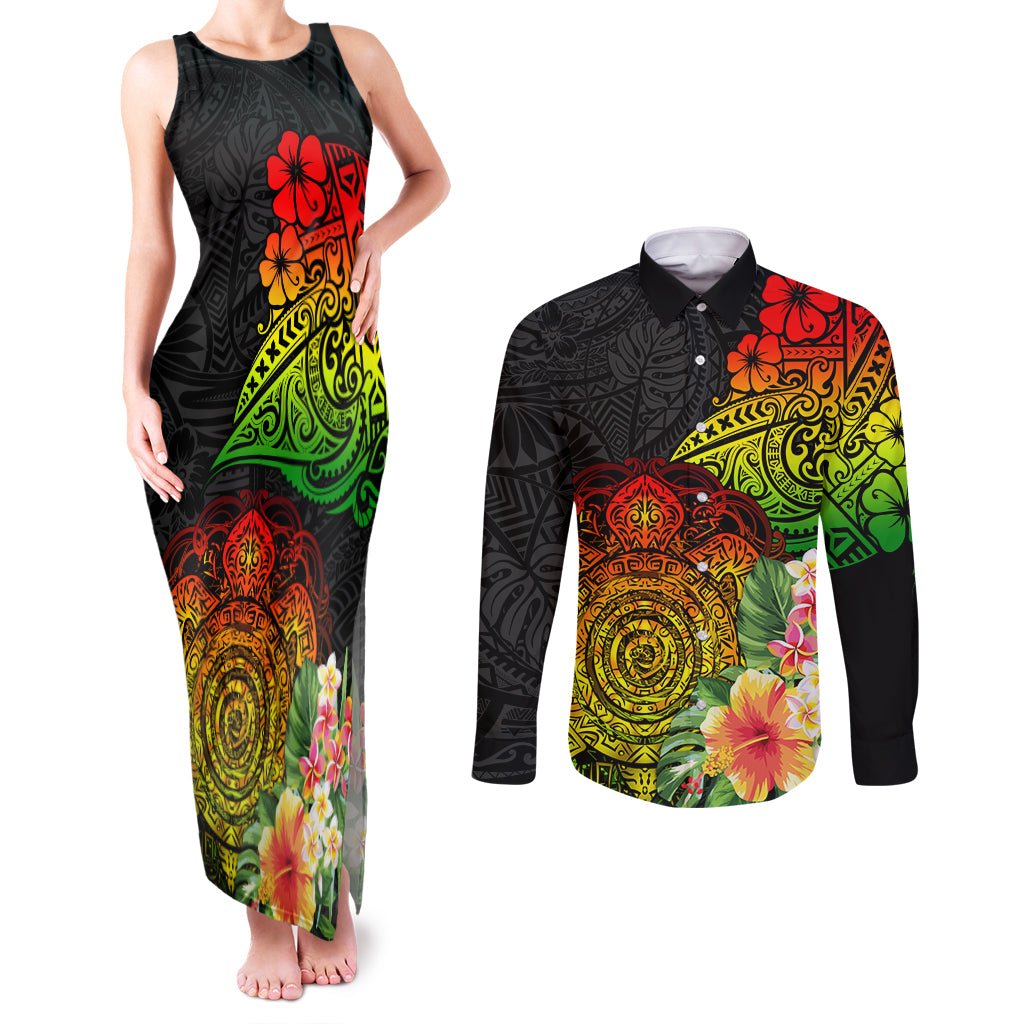 Polynesia Victory Day Couples Matching Tank Maxi Dress and Long Sleeve Button Shirt Tribal Turtle and Hibiscus LT03 Reggae - Polynesian Pride