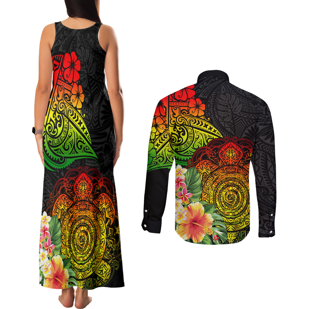 Polynesia Victory Day Couples Matching Tank Maxi Dress and Long Sleeve Button Shirt Tribal Turtle and Hibiscus LT03 - Polynesian Pride