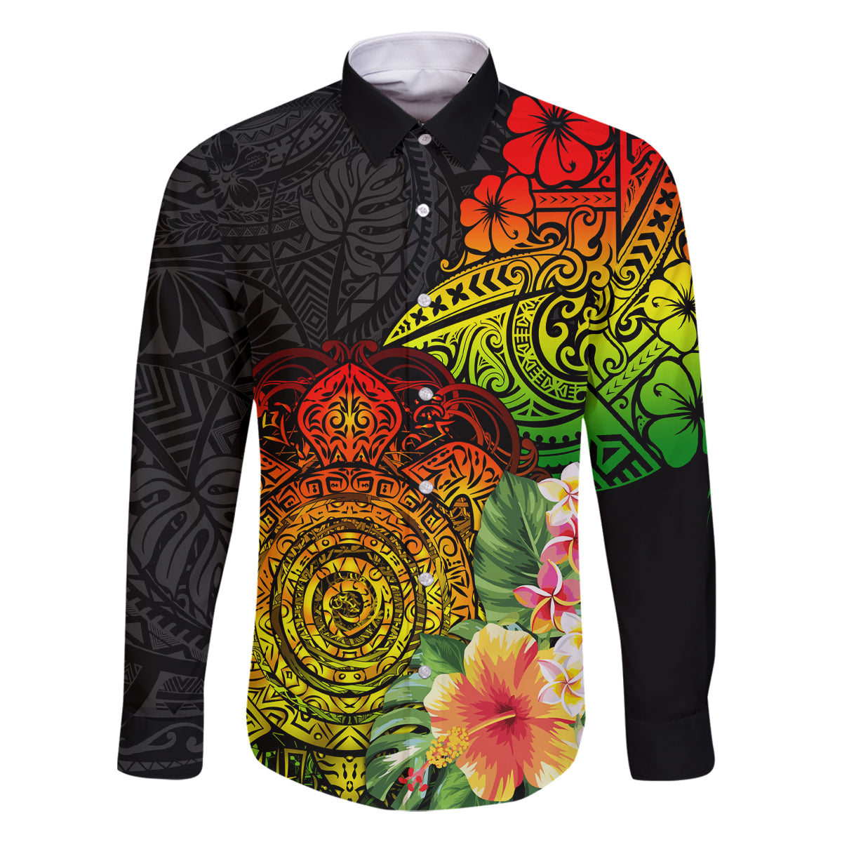 Polynesia Victory Day Family Matching Long Sleeve Bodycon Dress and Hawaiian Shirt Tribal Turtle and Hibiscus LT03 Dad's Shirt - Long Sleeve Reggae - Polynesian Pride