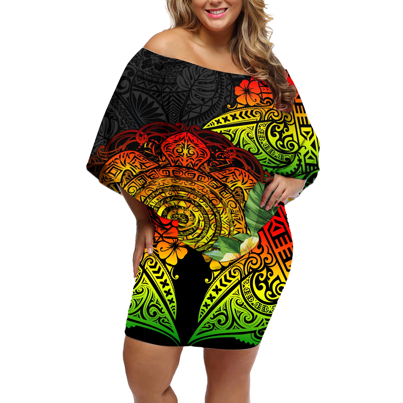 Polynesia Victory Day Off Shoulder Short Dress Tribal Turtle and Hibiscus LT03 Women Reggae - Polynesian Pride