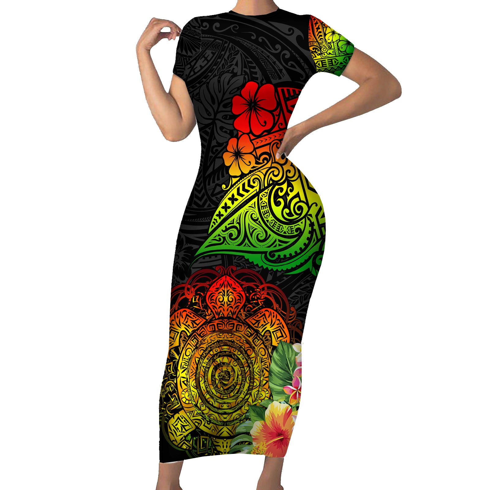 Polynesia Victory Day Short Sleeve Bodycon Dress Tribal Turtle and Hibiscus LT03 Long Dress Reggae - Polynesian Pride