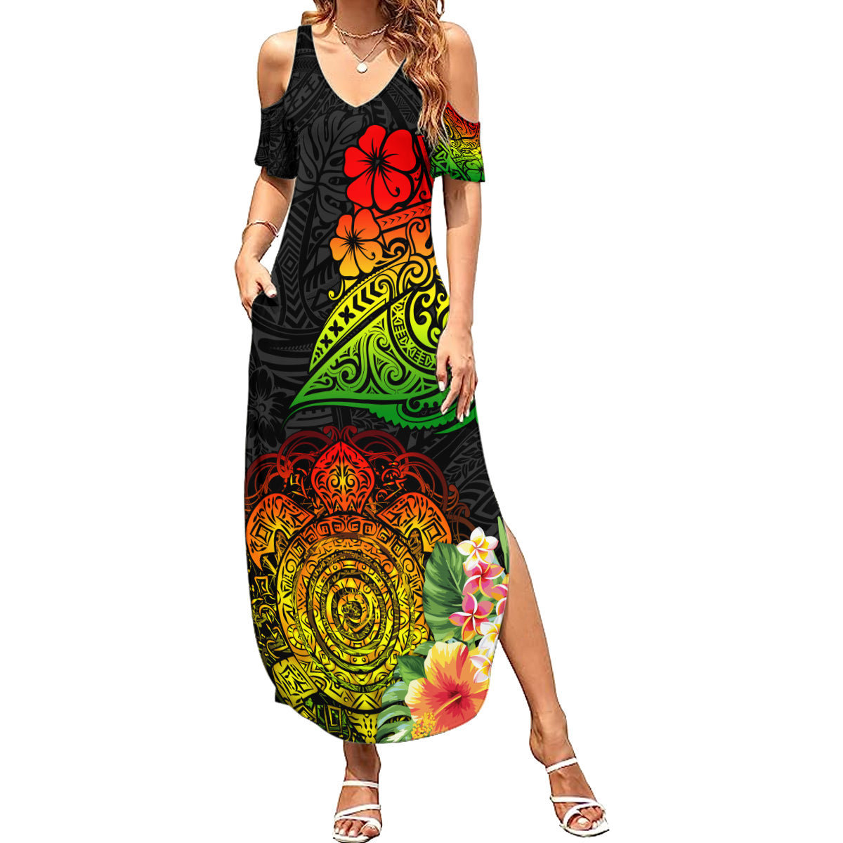 Polynesia Victory Day Summer Maxi Dress Tribal Turtle and Hibiscus LT03 Women Reggae - Polynesian Pride