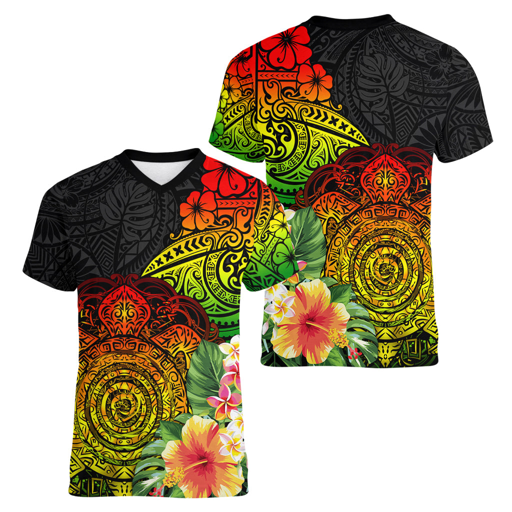 Polynesia Victory Day Women V Neck T Shirt Tribal Turtle and Hibiscus LT03 - Polynesian Pride