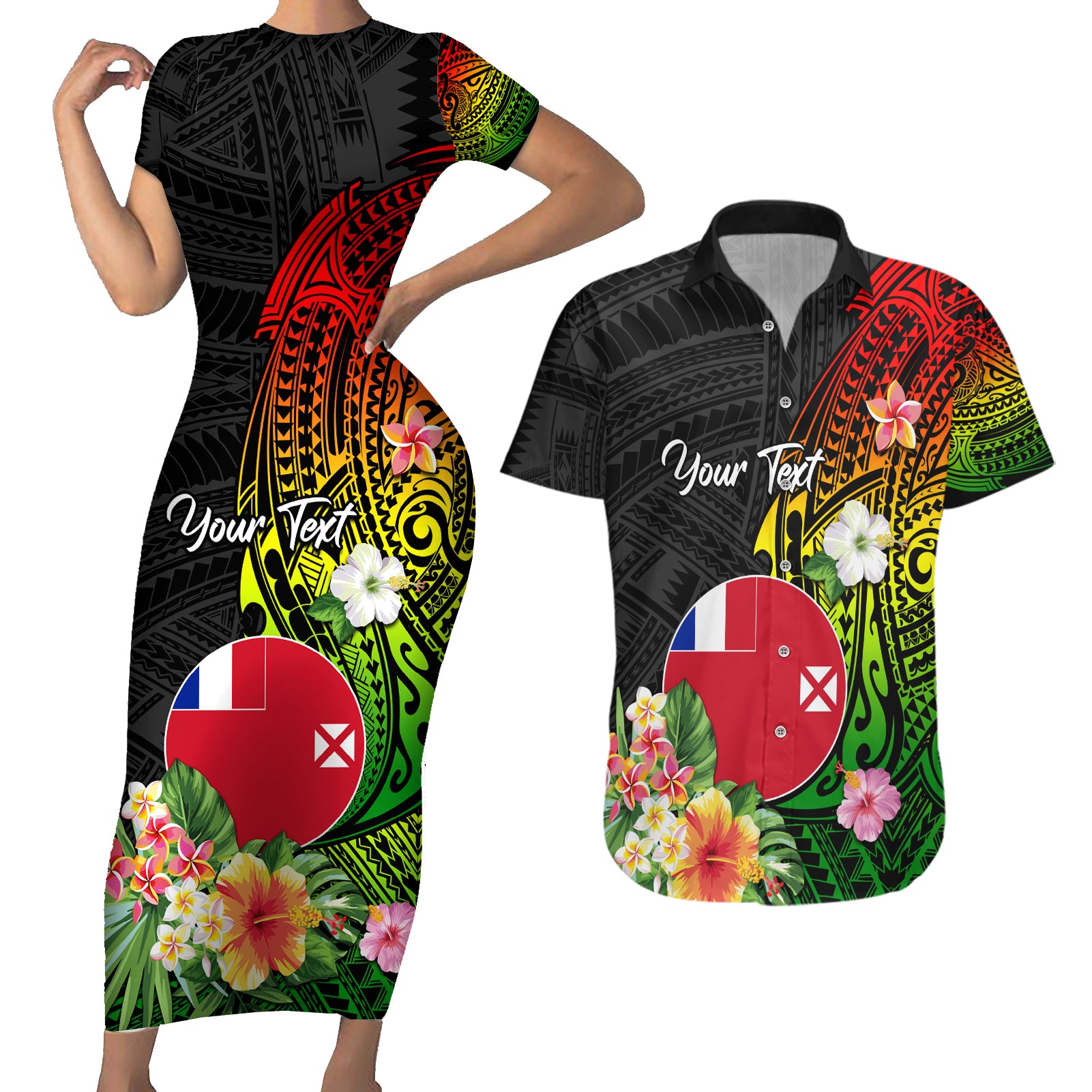 Wallis and Futuna Victory Day Couples Matching Short Sleeve Bodycon Dress and Hawaiian Shirt Tribal Polynesian Tattoo and Hibiscus Flower LT03 Reggae - Polynesian Pride