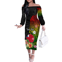 Wallis and Futuna Victory Day Family Matching Off Shoulder Long Sleeve Dress and Hawaiian Shirt Tribal Polynesian Tattoo and Hibiscus Flower LT03 Mom's Dress Reggae - Polynesian Pride