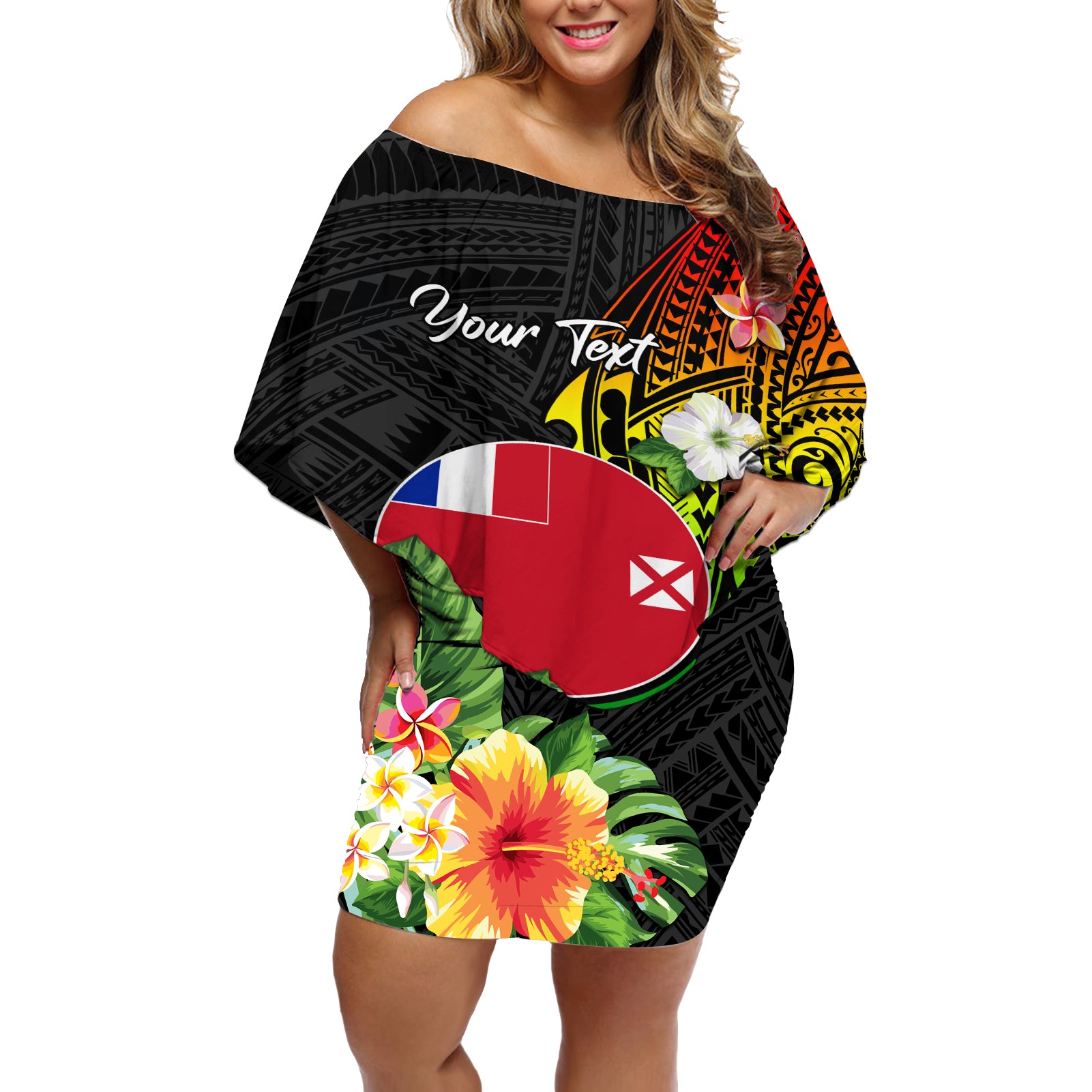 Wallis and Futuna Victory Day Off Shoulder Short Dress Tribal Polynesian Tattoo and Hibiscus Flower LT03 Women Reggae - Polynesian Pride