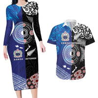 Samoa and Aotearoa Together Couples Matching Long Sleeve Bodycon Dress and Hawaiian Shirt Tatau Art Tattoos-Taniko and Maori with Fern