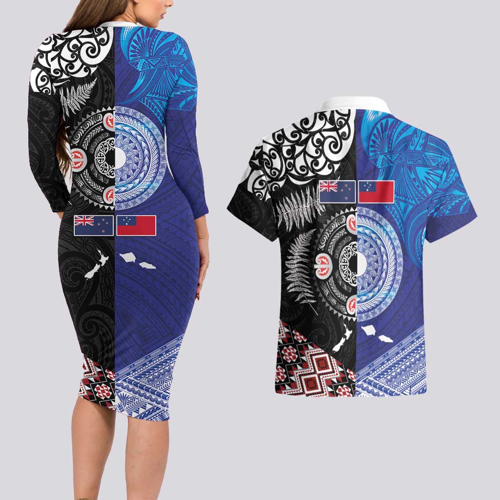 Samoa and Aotearoa Together Couples Matching Long Sleeve Bodycon Dress and Hawaiian Shirt Tatau Art Tattoos-Taniko and Maori with Fern