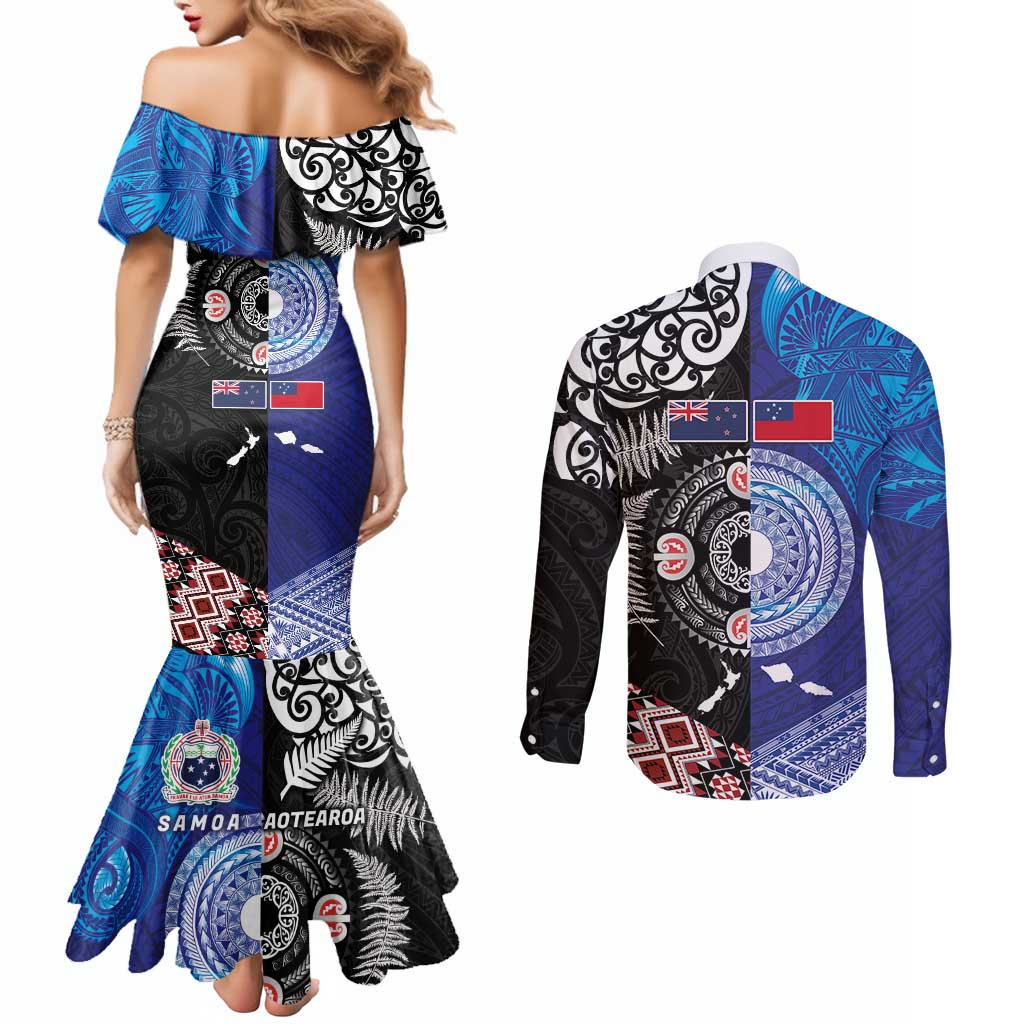 Samoa and Aotearoa Together Couples Matching Mermaid Dress and Long Sleeve Button Shirt Tatau Art Tattoos-Taniko and Maori with Fern