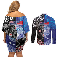 Samoa and Aotearoa Together Couples Matching Off Shoulder Short Dress and Long Sleeve Button Shirt Tatau Art Tattoos-Taniko and Maori with Fern