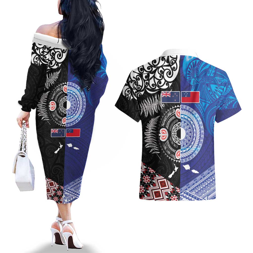 Samoa and Aotearoa Together Couples Matching Off The Shoulder Long Sleeve Dress and Hawaiian Shirt Tatau Art Tattoos-Taniko and Maori with Fern
