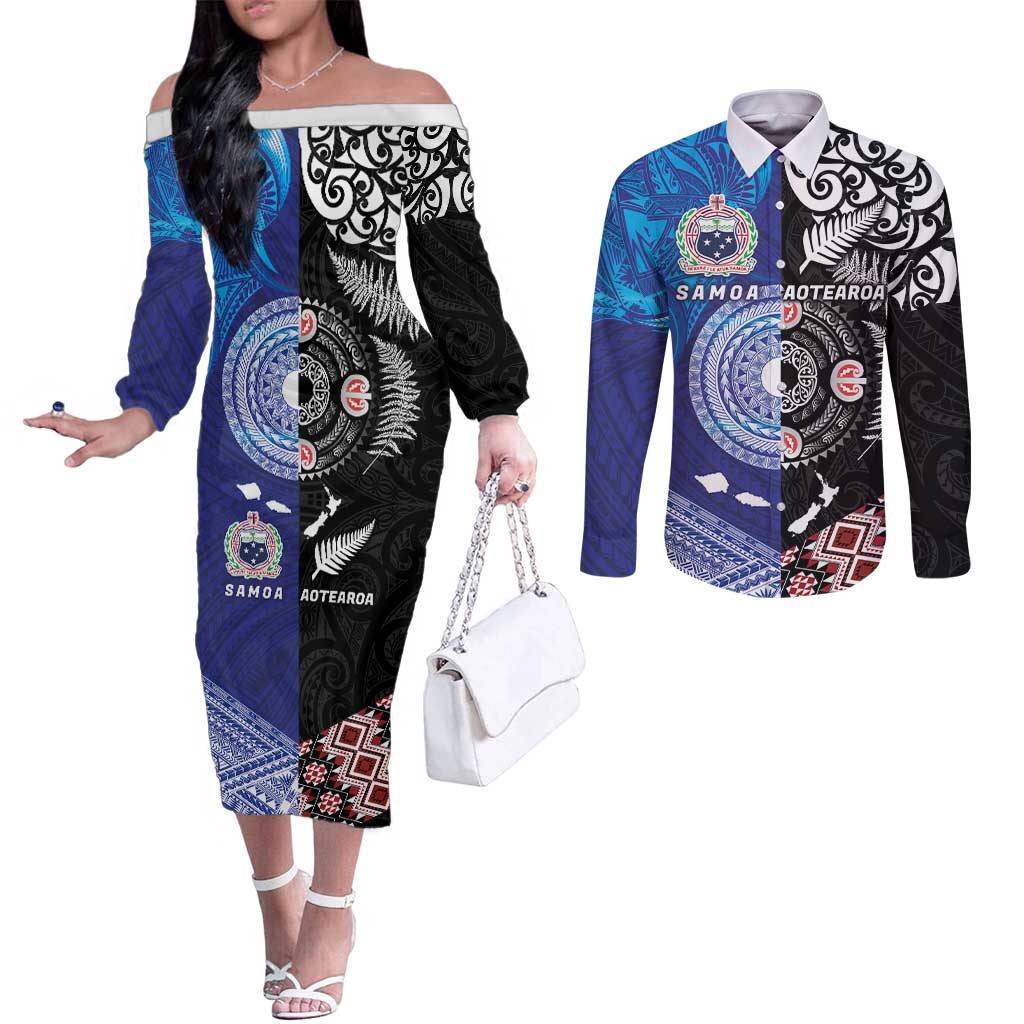 Samoa and Aotearoa Together Couples Matching Off The Shoulder Long Sleeve Dress and Long Sleeve Button Shirt Tatau Art Tattoos-Taniko and Maori with Fern