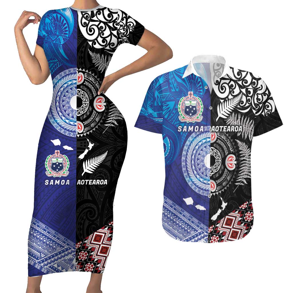 Samoa and Aotearoa Together Couples Matching Short Sleeve Bodycon Dress and Hawaiian Shirt Tatau Art Tattoos-Taniko and Maori with Fern