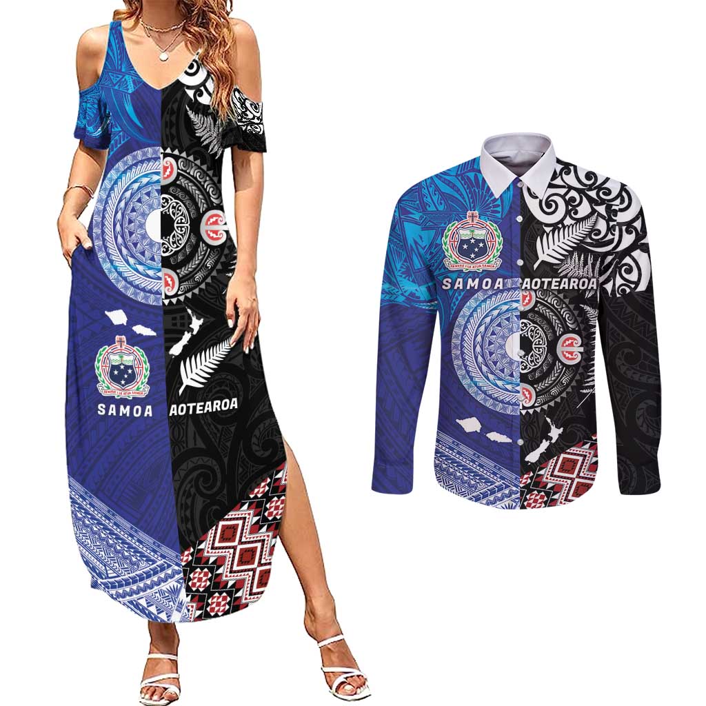 Samoa and Aotearoa Together Couples Matching Summer Maxi Dress and Long Sleeve Button Shirt Tatau Art Tattoos-Taniko and Maori with Fern