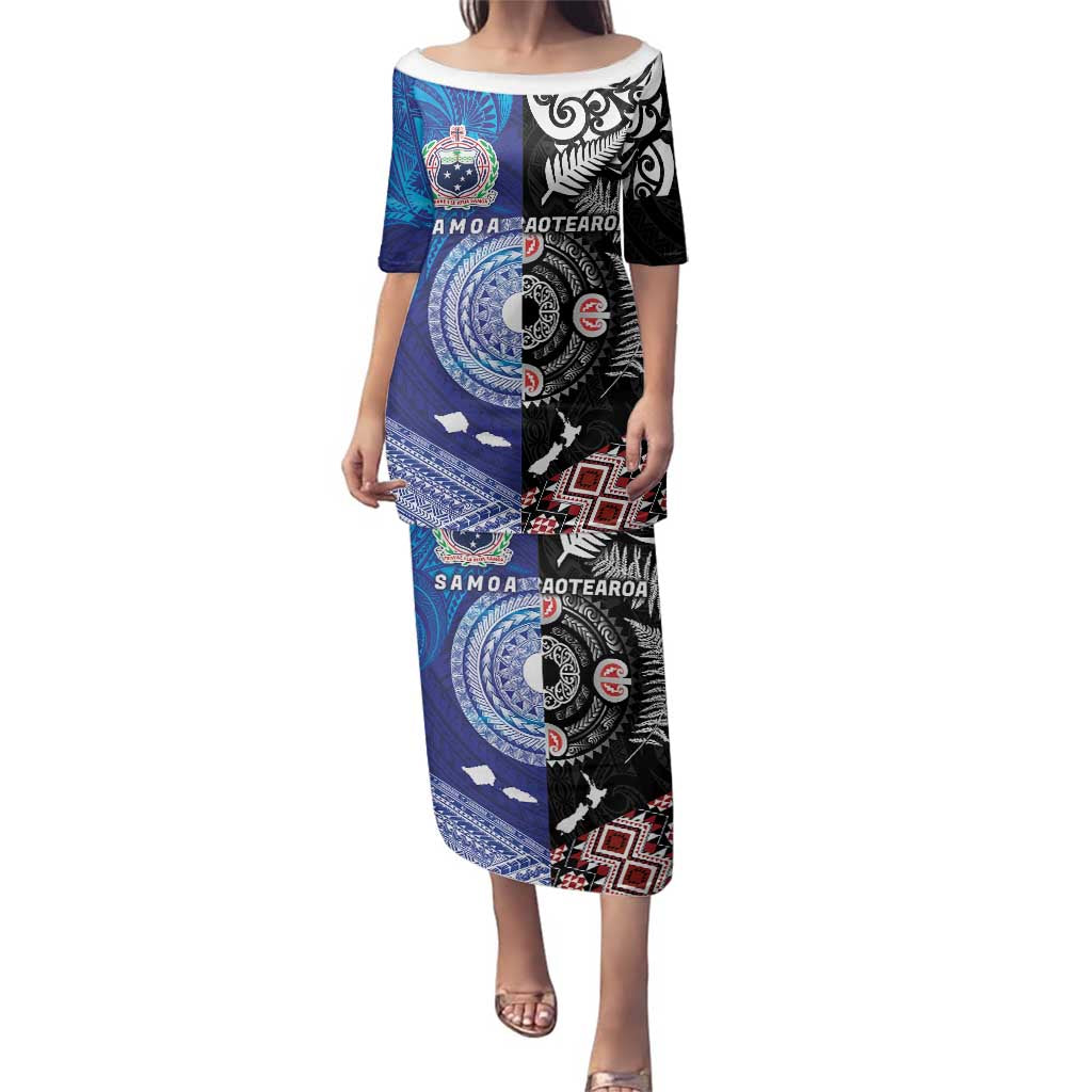 Samoa and Aotearoa Together Family Matching Puletasi and Hawaiian Shirt Tatau Art Tattoos-Taniko and Maori with Fern