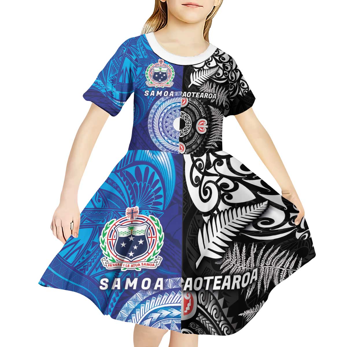 Samoa and Aotearoa Together Kid Short Sleeve Dress Tatau Art Tattoos-Taniko and Maori with Fern