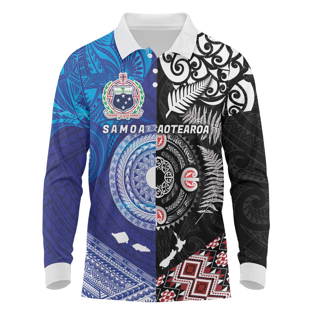 Samoa and Aotearoa Together Long Sleeve Polo Shirt Tatau Art Tattoos-Taniko and Maori with Fern