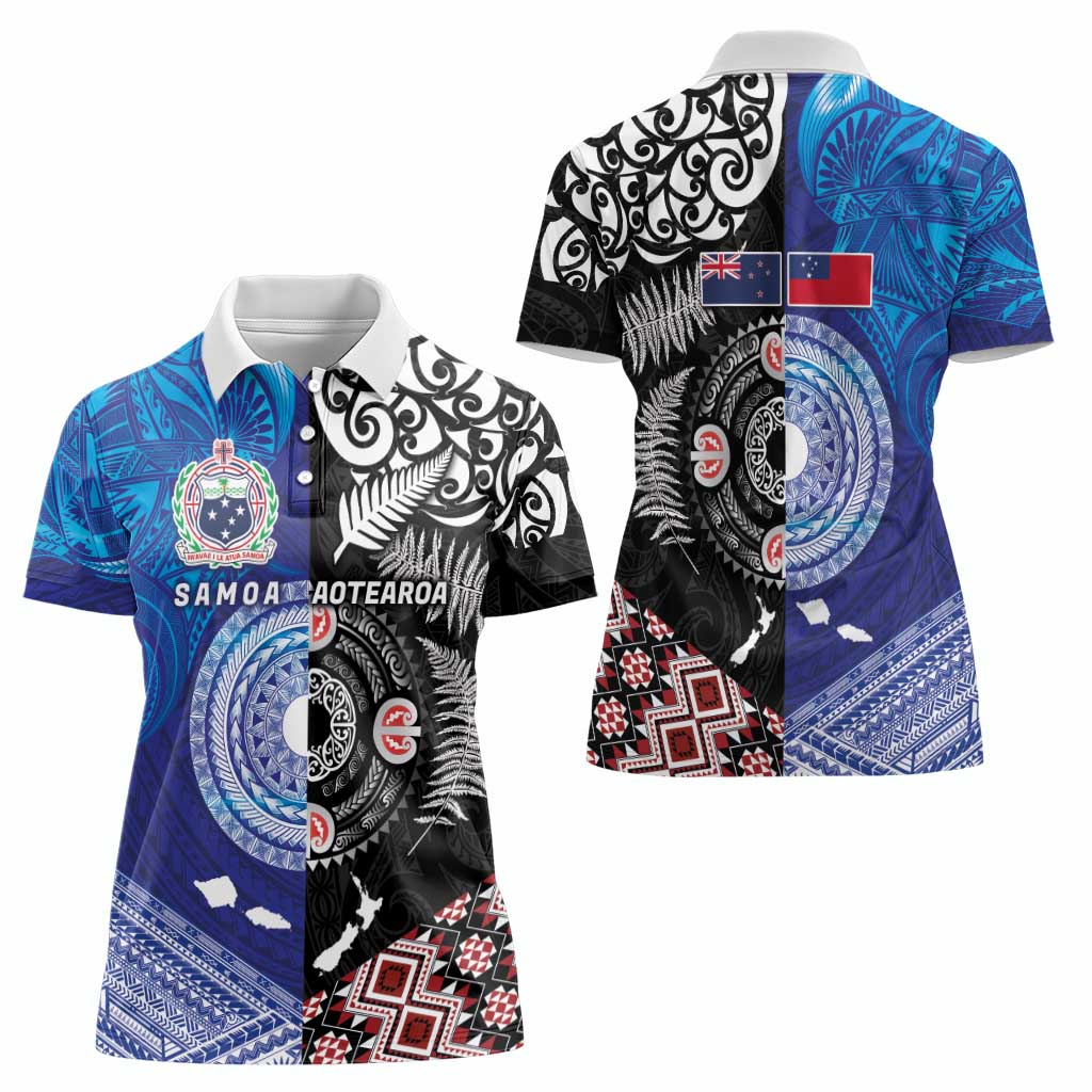 Samoa and Aotearoa Together Women Polo Shirt Tatau Art Tattoos-Taniko and Maori with Fern LT03 - Polynesian Pride