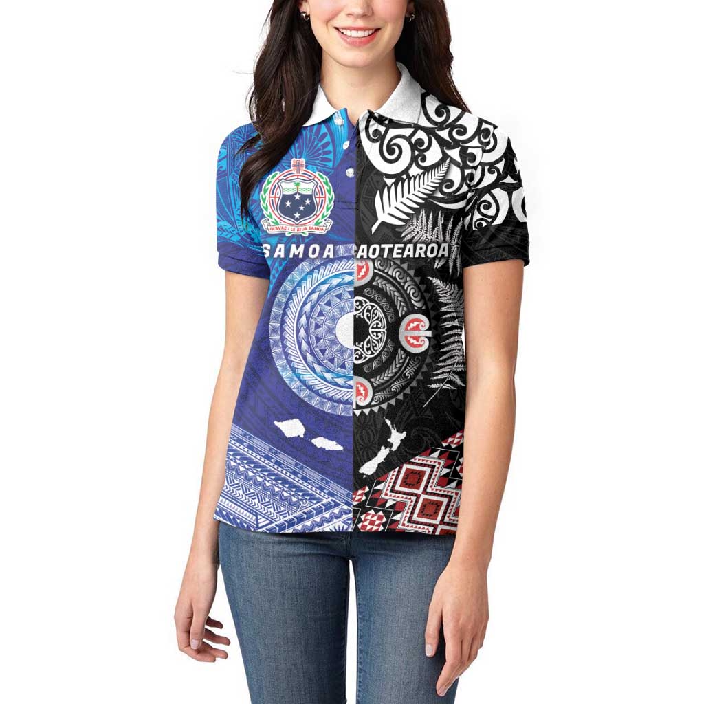 Samoa and Aotearoa Together Women Polo Shirt Tatau Art Tattoos-Taniko and Maori with Fern LT03 - Polynesian Pride