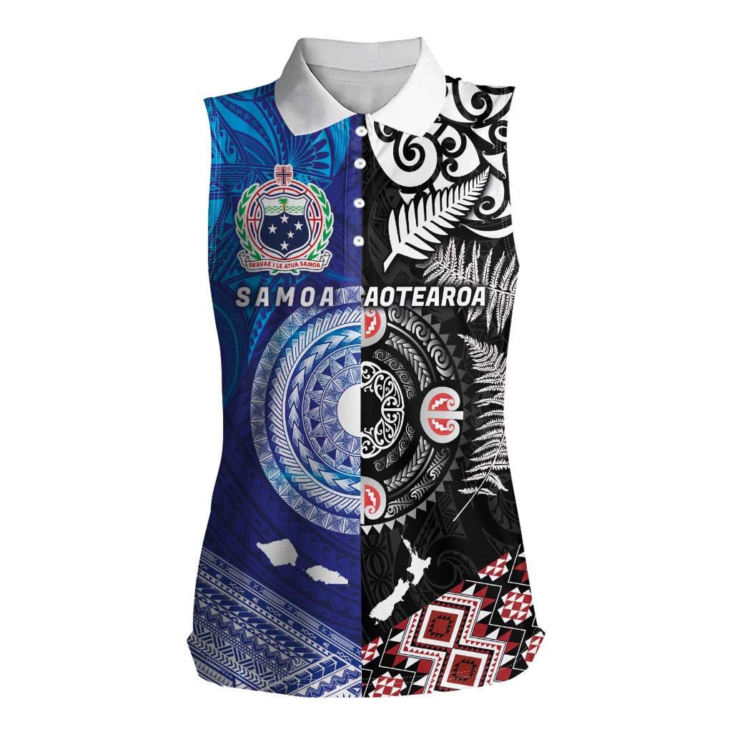 Samoa and Aotearoa Together Women Sleeveless Polo Shirt Tatau Art Tattoos-Taniko and Maori with Fern LT03 Female Black - Polynesian Pride