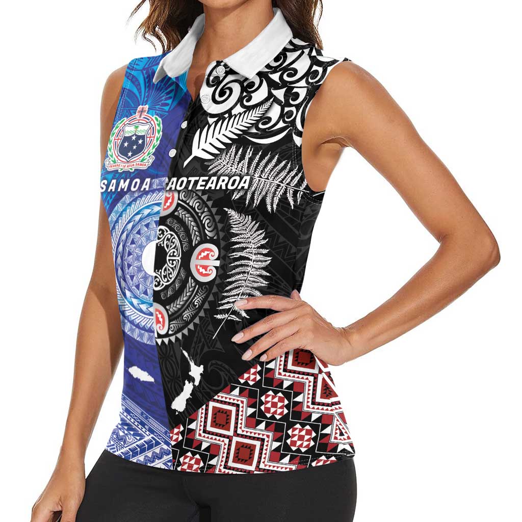 Samoa and Aotearoa Together Women Sleeveless Polo Shirt Tatau Art Tattoos-Taniko and Maori with Fern LT03 - Polynesian Pride