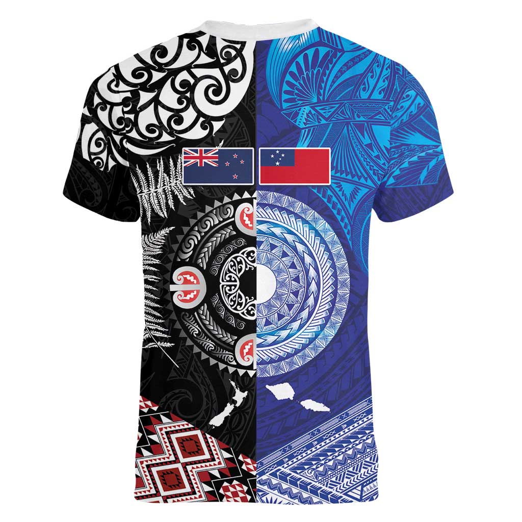 Samoa and Aotearoa Together Women V-Neck T-Shirt Tatau Art Tattoos-Taniko and Maori with Fern