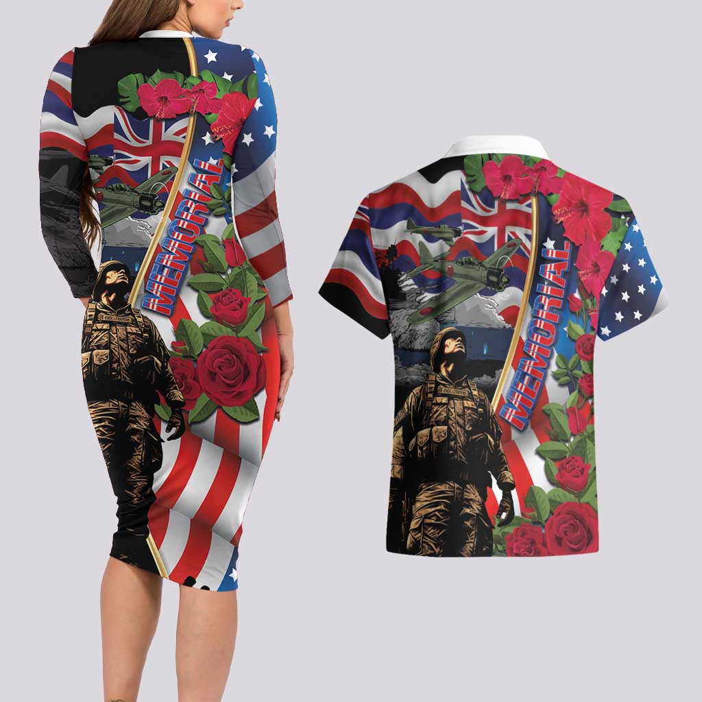 Hawaii and United States Memorial Day Couples Matching Long Sleeve Bodycon Dress and Hawaiian Shirt Honor and Remember The Fallen