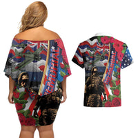 Hawaii and United States Memorial Day Couples Matching Off Shoulder Short Dress and Hawaiian Shirt Honor and Remember The Fallen
