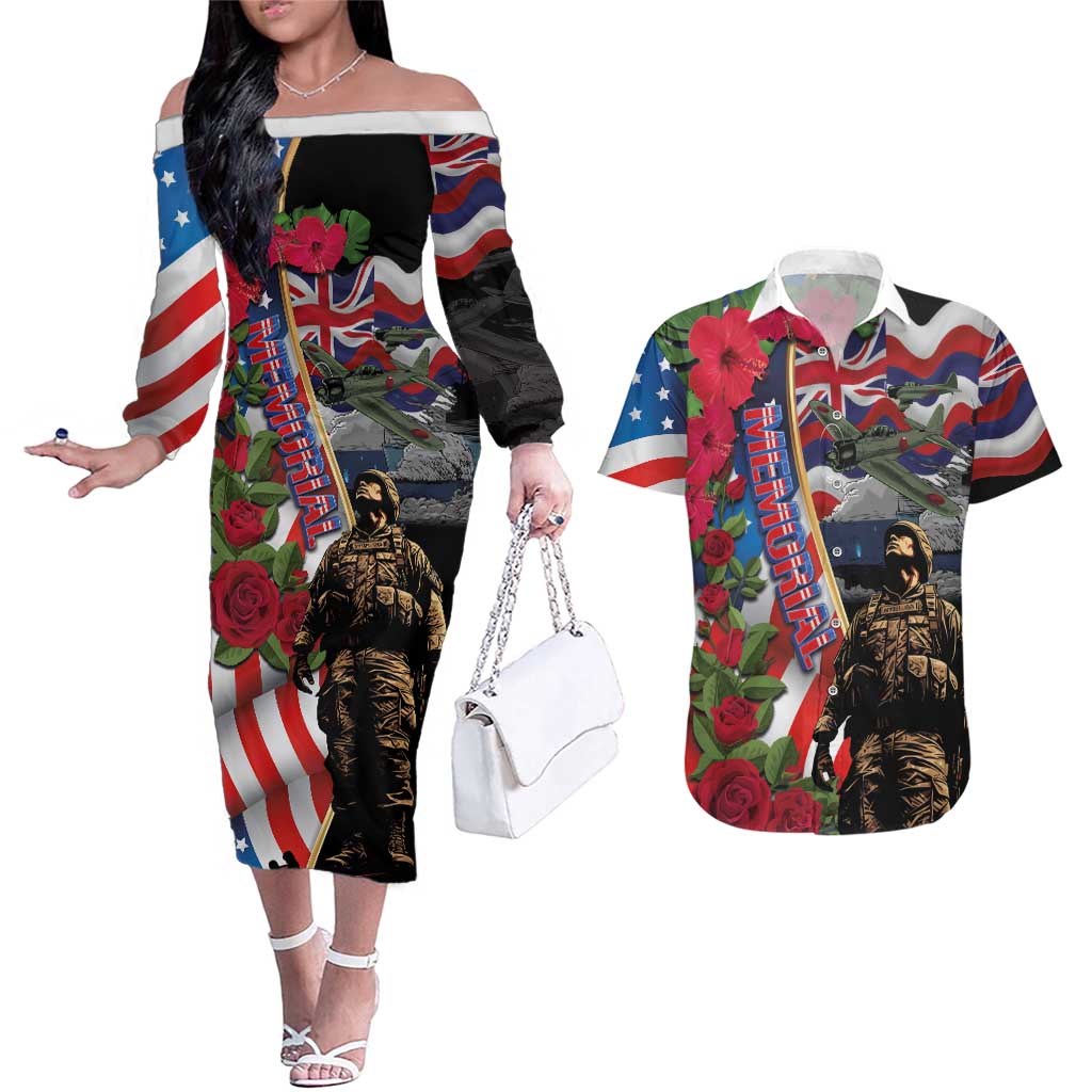 Hawaii and United States Memorial Day Couples Matching Off The Shoulder Long Sleeve Dress and Hawaiian Shirt Honor and Remember The Fallen