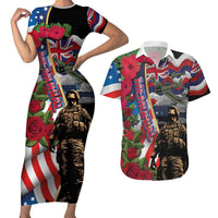 Hawaii and United States Memorial Day Couples Matching Short Sleeve Bodycon Dress and Hawaiian Shirt Honor and Remember The Fallen