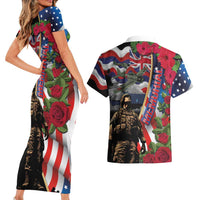 Hawaii and United States Memorial Day Couples Matching Short Sleeve Bodycon Dress and Hawaiian Shirt Honor and Remember The Fallen